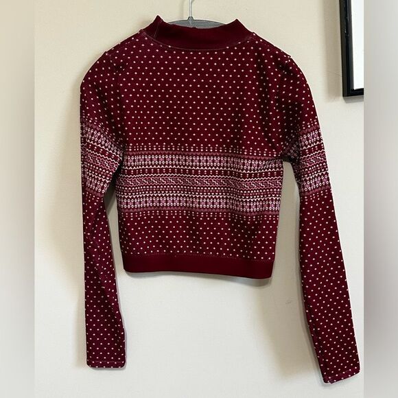 Fabletics Holly Seamless Red Long Sleeve Tight Fit Stretch Cropped Top Sz M - Picture 2 of 6